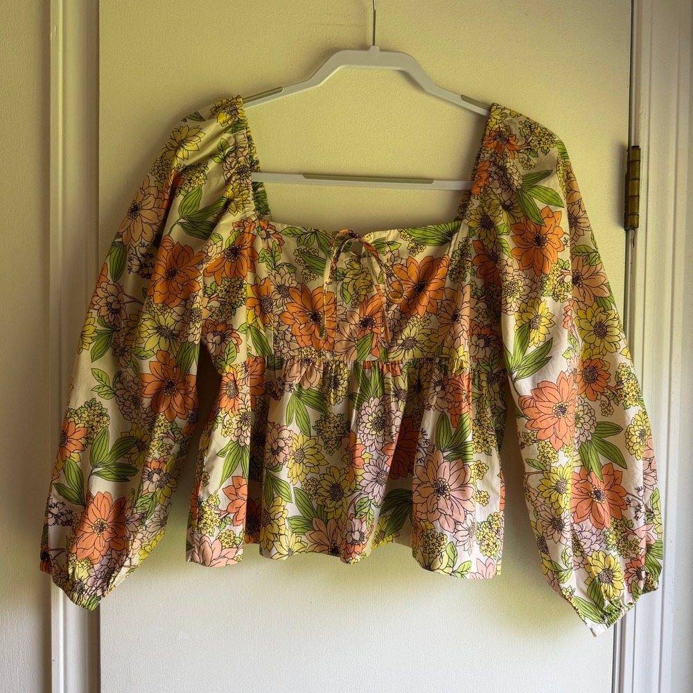 J.Crew Women Floral Square Neck Tie Front Peplum Top Orange Yellow BG329 Size 10